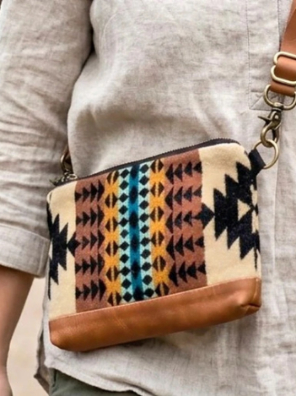 Rais Case Geometric Wool-Style Crossbody Bag in Brown & Multicolor